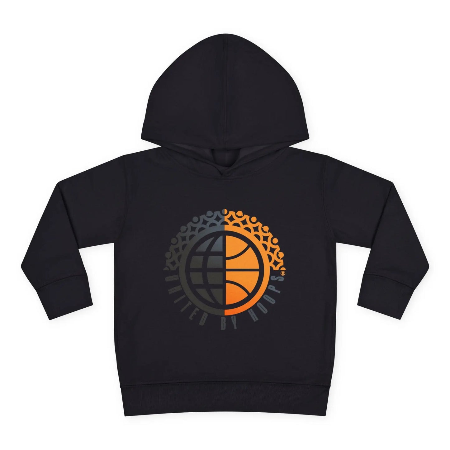 Black hoodie with a colorful logo on a white background