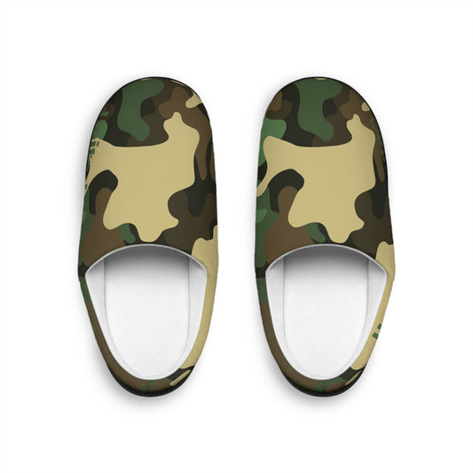 Camouflage-patterned slippers on a white background