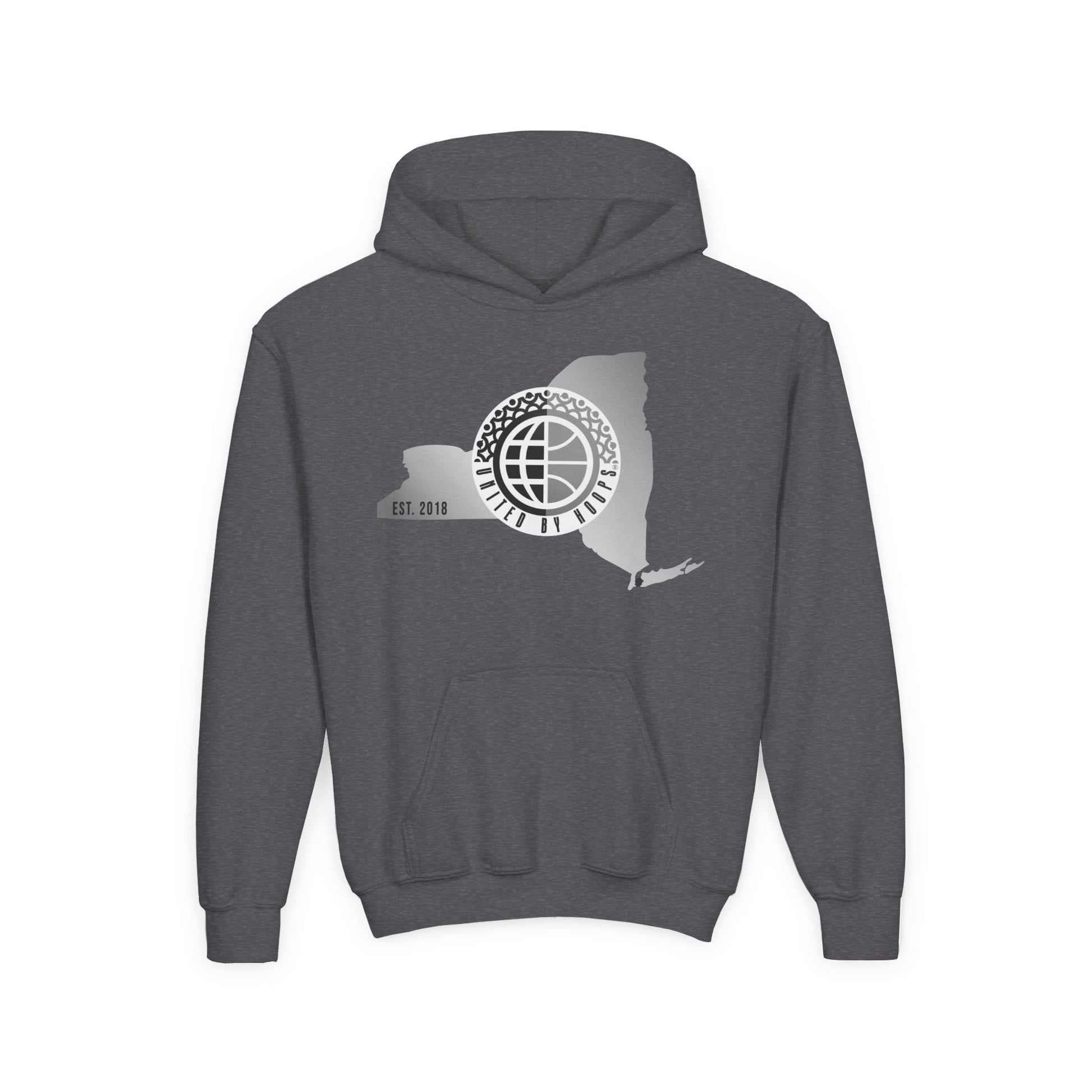 NYC United By Hoops Vintage Grey Youth Unisex Hoodie Printify
