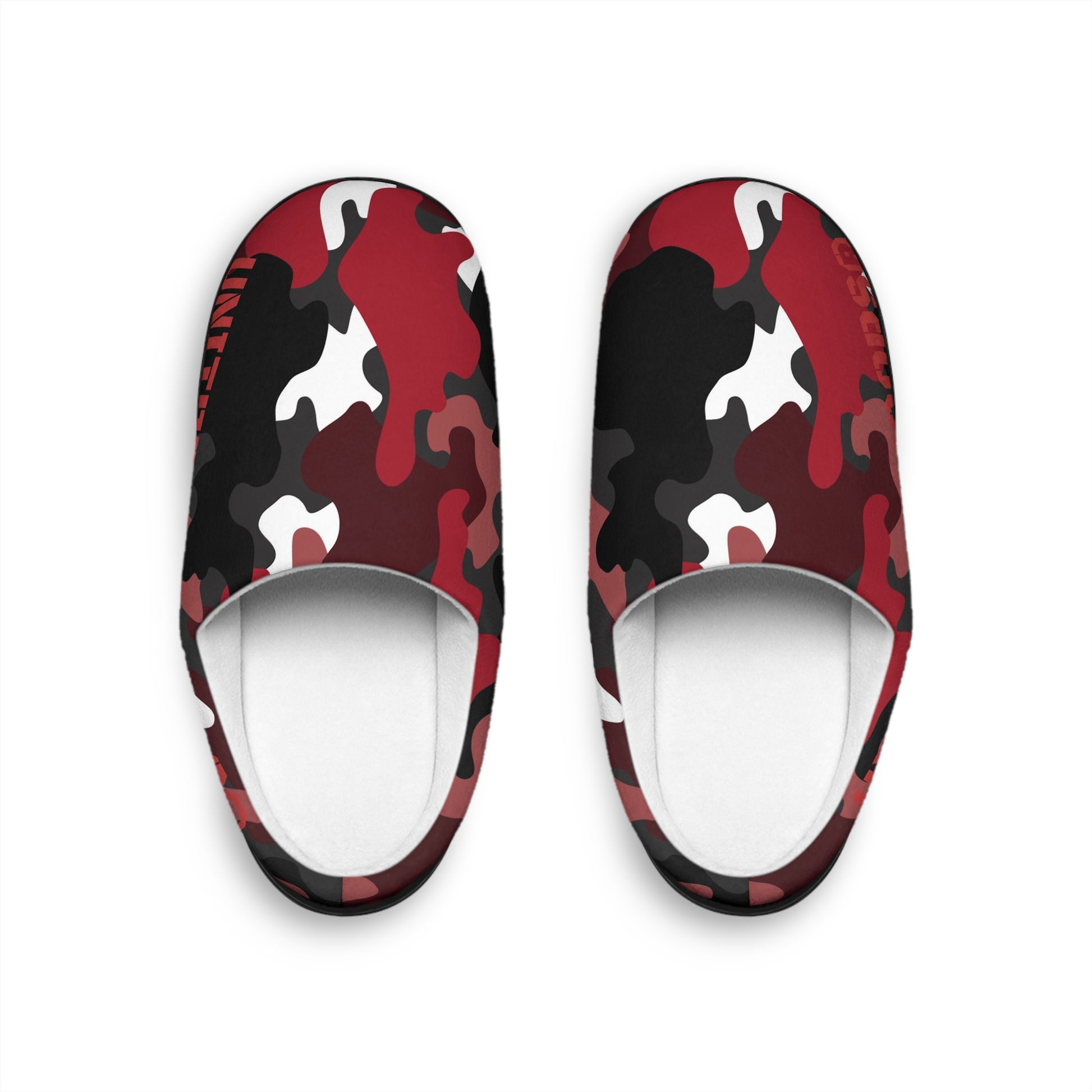 Red and black camouflage-patterned shoes on a white background