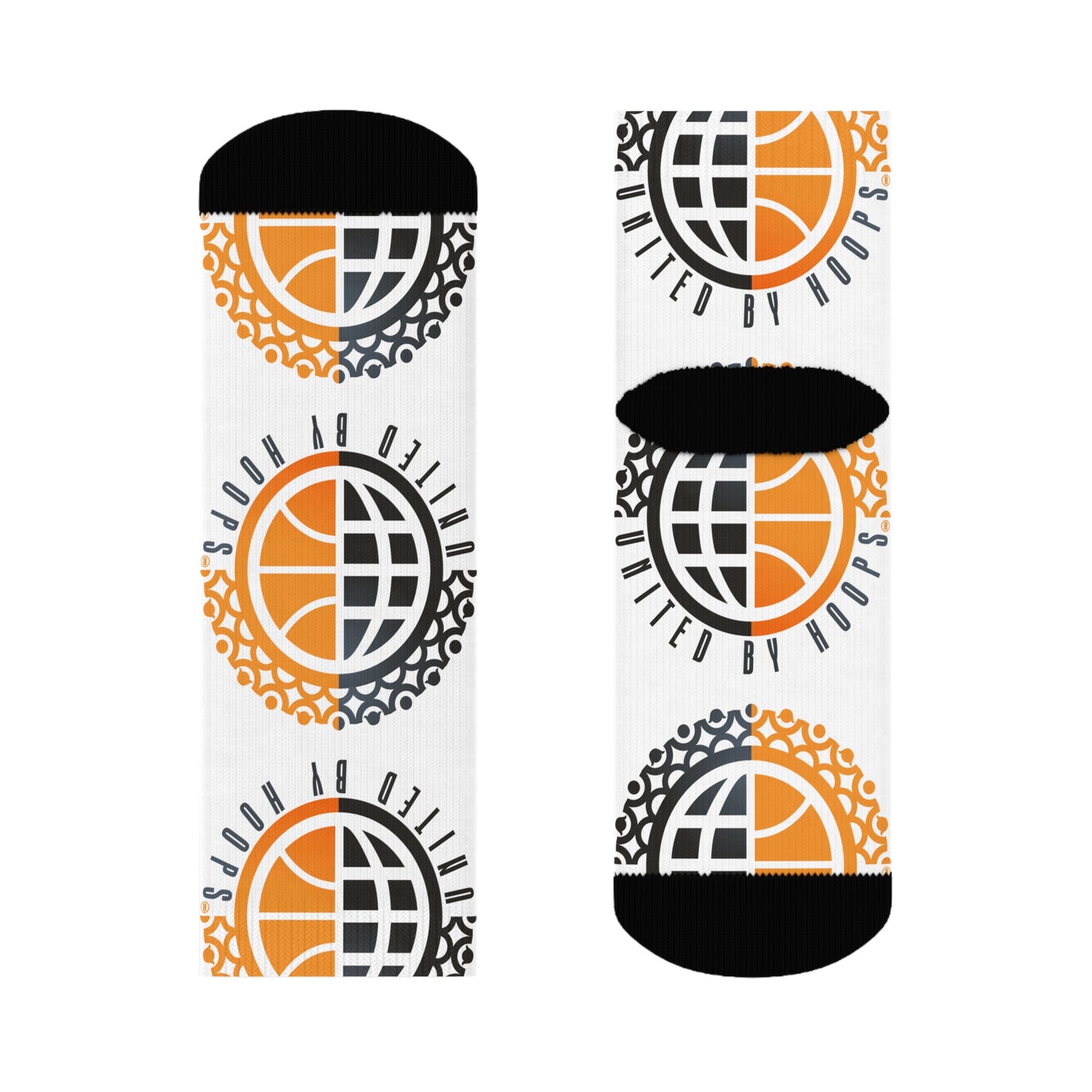Two socks with basketball design and text on a white background