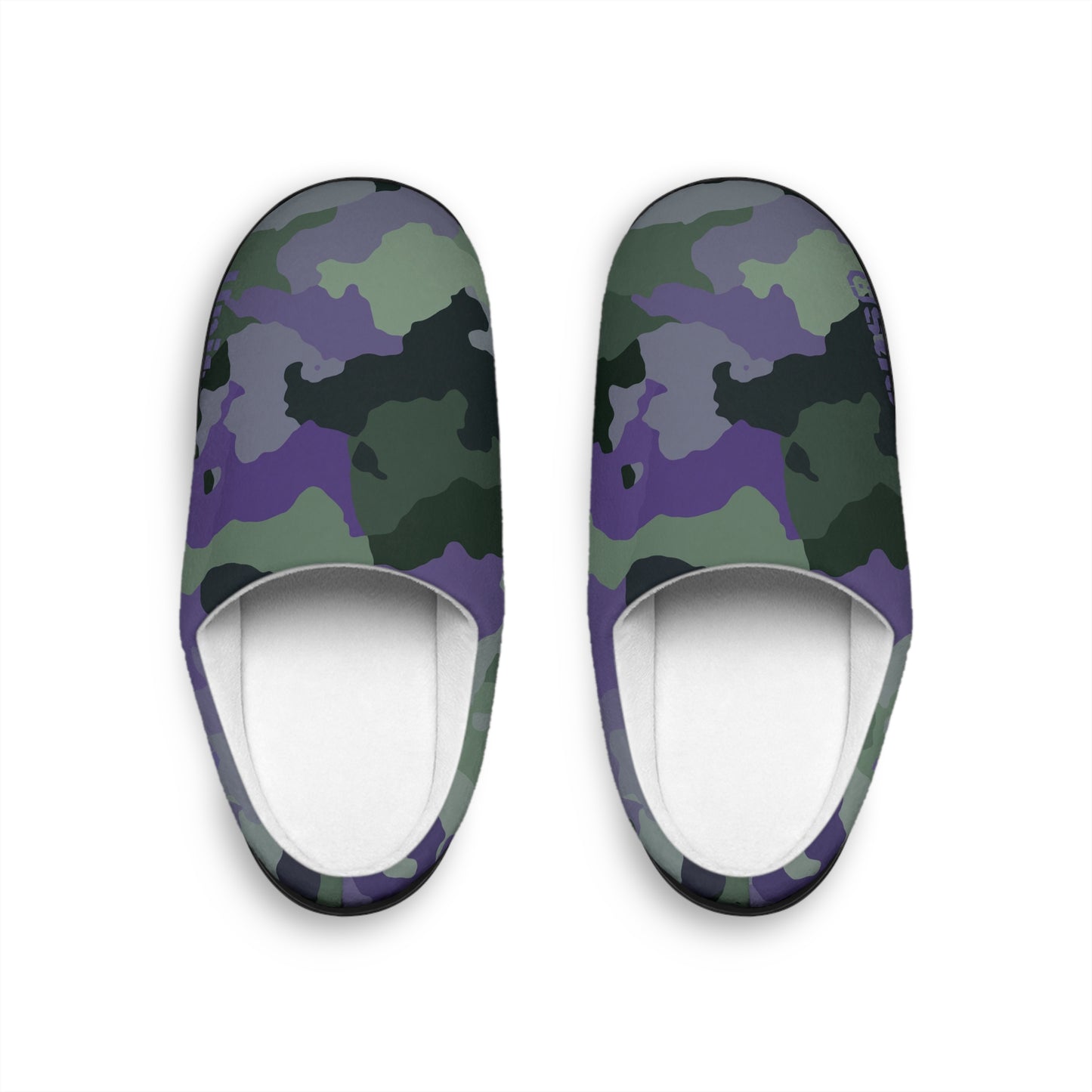 Camouflage-patterned slippers on a white background