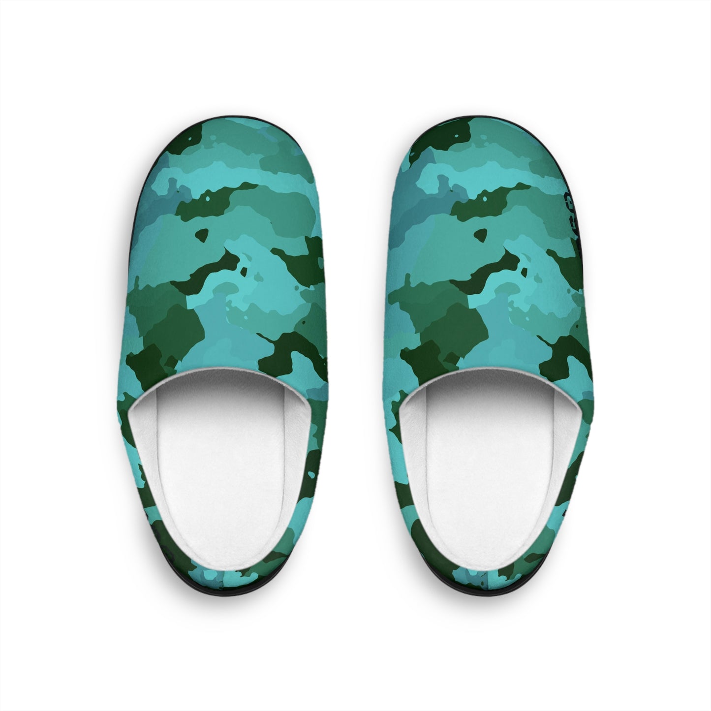 Pair of blue camouflage slippers on a white background