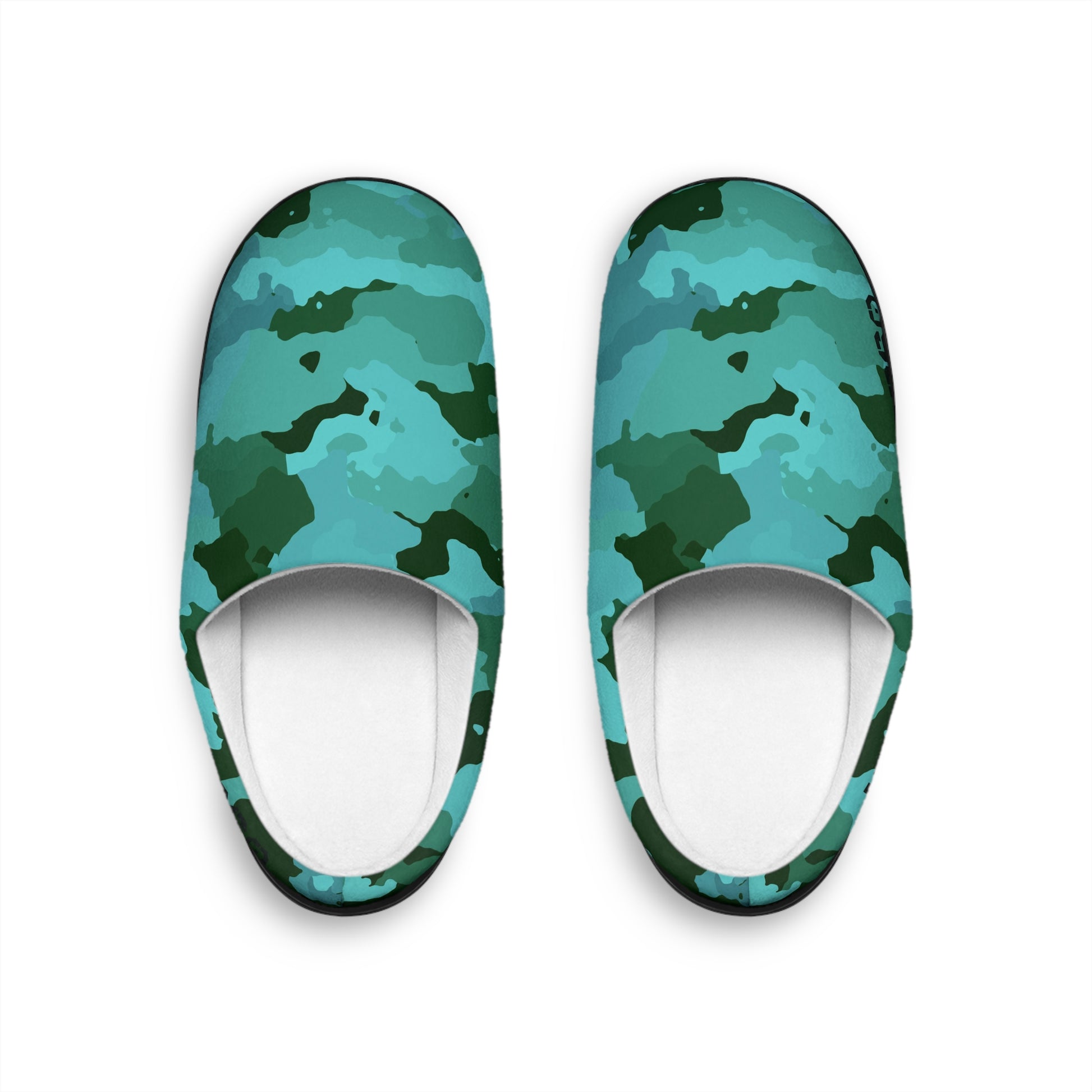 Pair of blue camouflage slippers on a white background
