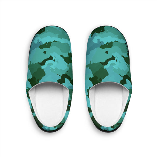 Pair of blue camouflage slippers on a white background