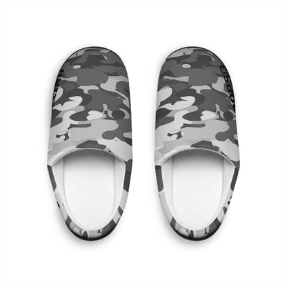 Pair of camouflage-patterned slides on a white background