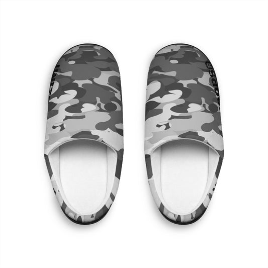 Pair of camouflage-patterned slides on a white background