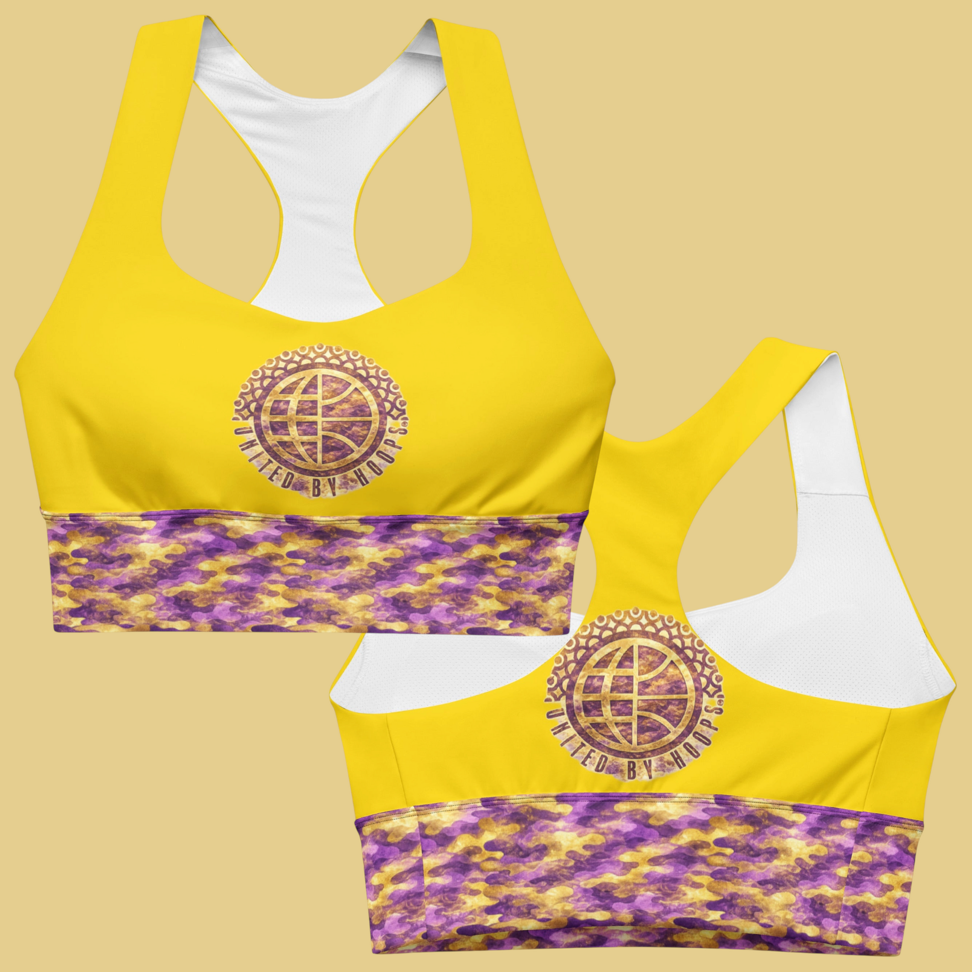 Fused Purp & Gold Camo Recycled Longline Sports Bra United By Hoops, LLC